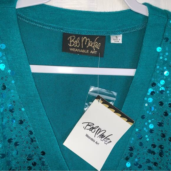 Bob Mackie Womens Wearable Art Sequin Aqua Blue Button Up Cardigan Size Small - Picture 9 of 16